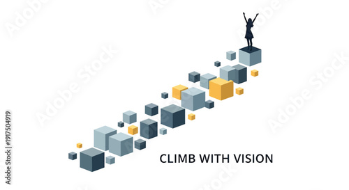 Business success concept with person climbing up cubes, vision and achievement. Vector illustration with motivational message.
