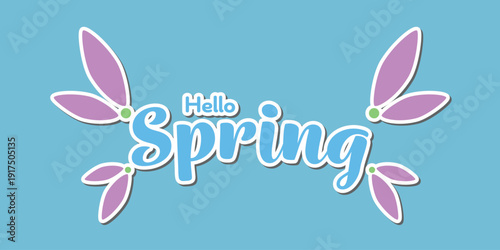 Hello Spring greeting card, leaves sticker illustration