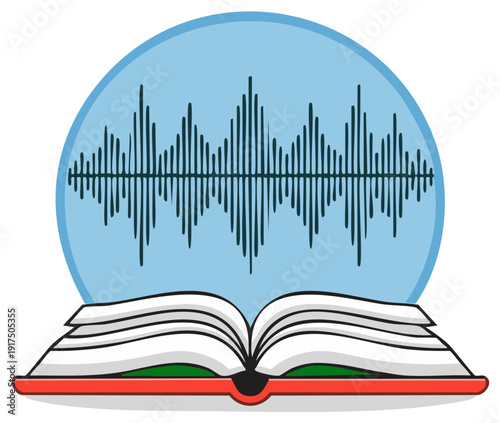 Audiobook concept illustration showing a sound wave emerging from an open red book