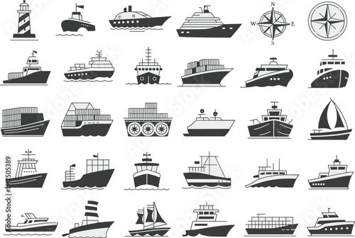 Nautical icon illustration set, ship silhouette artwork, boat vector design, lighthouse graphic pack, compass rose symbol collection, black and white sketch