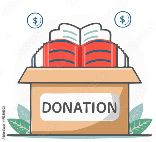 Vector illustration of a donation box filled with books and money symbols for charity and education initiatives