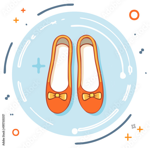 Illustration of Orange Ballet Slippers with Bows on Light Blue Textured Background