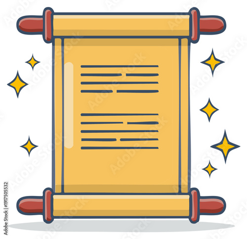 Ancient scroll unfurled with mystical sparkling stars and handwritten text