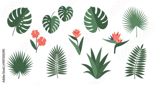 A collection of tropical leaves and flowers in a flat style ideal for designs on transparent background silhouette high quality professional