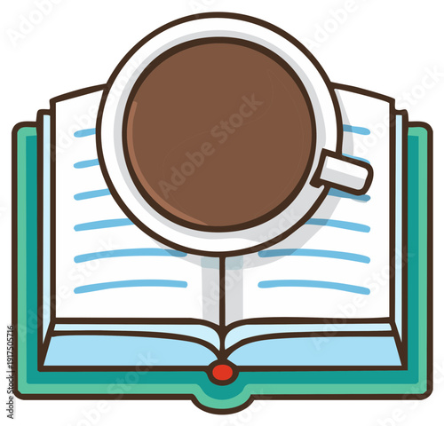 Top down illustration of an open book with a warm coffee cup for reading and study
