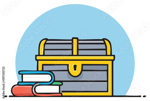 Stylized Illustration of a Treasure Chest with Books Stacked Beside It on a Light Blue Background