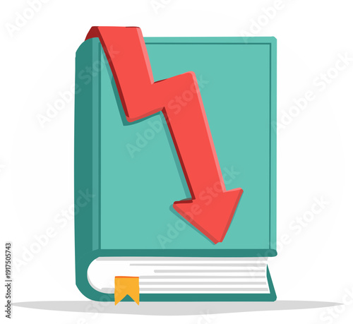 Illustration of a book with an arrow pointing downwards, financial concept.