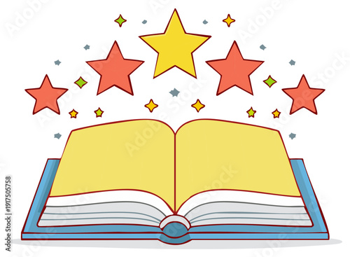Magical Open Book with Glowing Stars and Sparkles Illustration