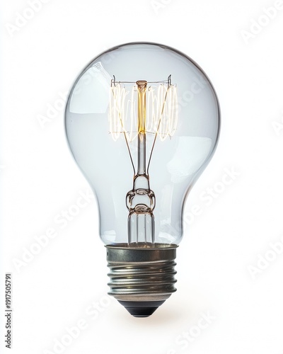 Light bulb stands upright against a plain background with filaments shining brightly in the center