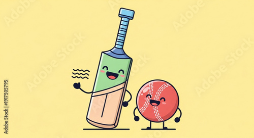 Cartoon Baseball Bat and Ball Characters Facing Each Other on Yellow Background