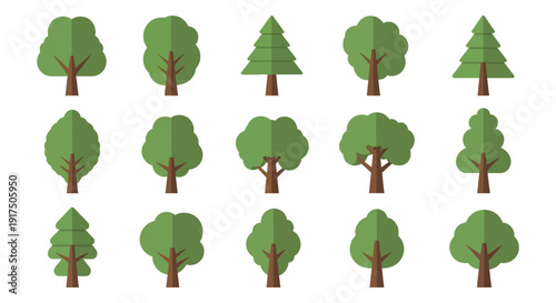 Collection of stylized green trees in various shapes and sizes ideal for design projects on transparent background silhouette high quality professional