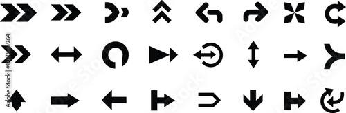 Arrow symbol vector illustration set, thirty diverse designs including straight, curved, double, chevron, circular, segmented arrows for navigation, direction, movement, interface