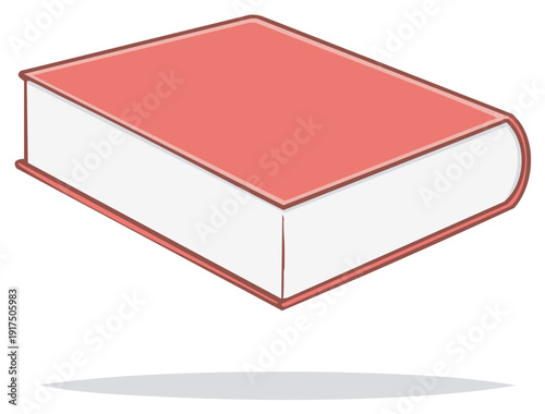 A closed hardback book with a coral pink cover and white pages viewed from a low angle