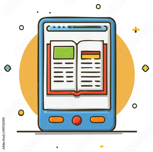 Cartoon illustration of a digital mobile device with an open book on display