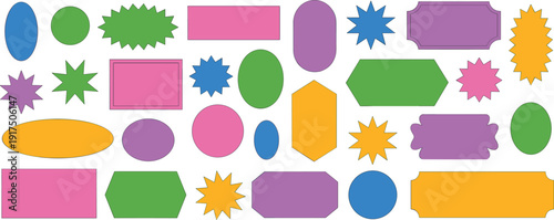 Colorful geometric shape vector illustration set, decorative rectangles, ovals, stars, octagons, polygons in blue, green, pink, purple, orange, yellow