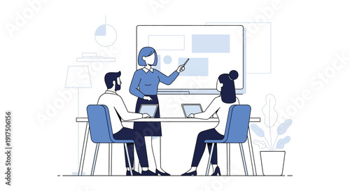 A businesswoman presenting to colleagues in a modern office setting depicted as a clean illustration on transparent background silhouette high quality