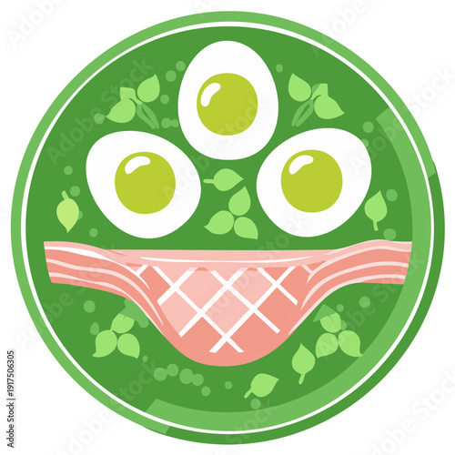 Creative food face illustration with eggs bacon and basil on a green plate