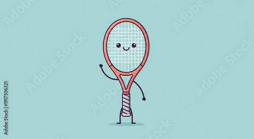 Smiling Tennis Racket Character Standing on Blue Background