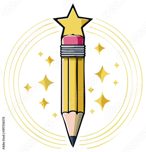 Cartoon pencil with star eraser and sparkles for achievement illustration