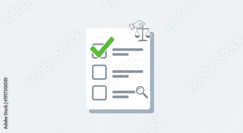 Checklist with green checkmark and magnifying glass on clipboard symbolizing task completion and verification