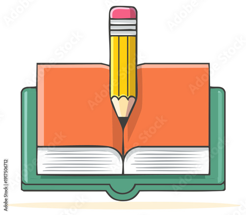 Open book with yellow pencil illustration representing education learning writing creativity study