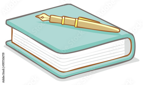 Light blue closed book journal with a gold fountain pen on top vector illustration for writing education or creativity