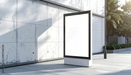 Modern blank vertical outdoor digital signage billboard screen mockup standing on sidewalk near brutalist concrete wall in sunny urban street environment 3D rendering . space to design and perfect