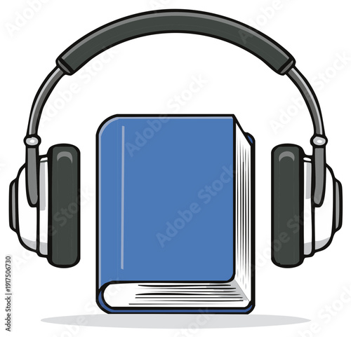 Illustration of a blue book wearing headphones representing audiobooks and listening to literature