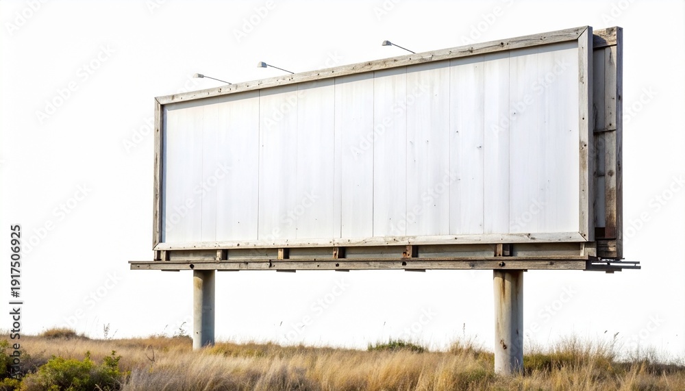 Obraz premium Large isolated blank white billboard template ready for your advertising message placed outdoors in a dry grassy field mockup against a clean white background . space to design and perfect any