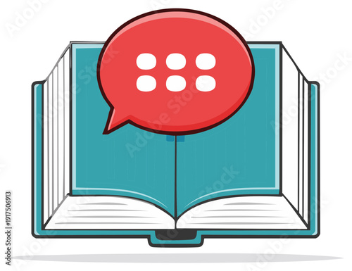 Open book vector with speech bubble, knowledge sharing and communication, education, message, text, illustration, library, reading