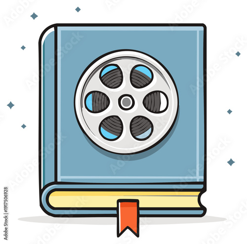 Light blue book with a classic film reel on its cover, symbolizing screenwriting, movie magic, and stories