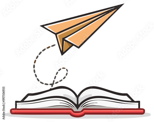 Paper airplane flies out of an open book symbolizing imagination and learning