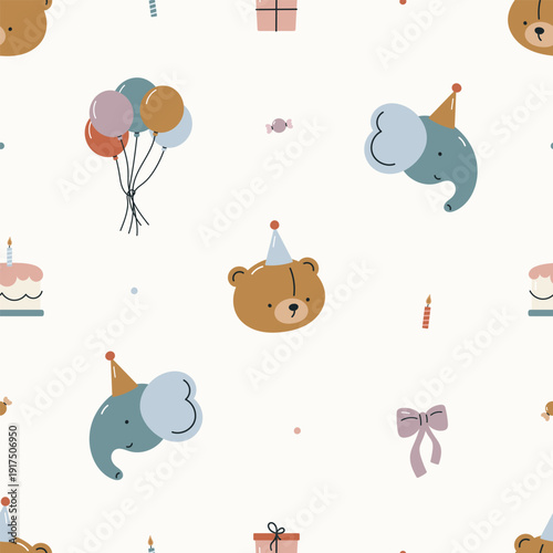 Happy Birthday seamless pattern. Birthday design. Flat vector background. For fabric, wrapping, cards, textile, wallpaper, paper, apparel.