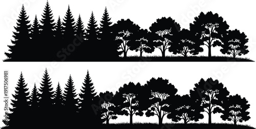 Mixed forest silhouette set, pine and deciduous tree line, woodland nature background, cad drawing flat vector illustration, outdoor landscape greenery,