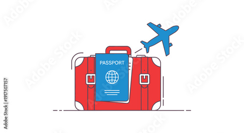 A colorful illustration of a suitcase with a passport and airplane perfect for travel themes on transparent background silhouette high quality