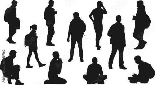 Silhouette people vector illustration, standing walking sitting poses, students with backpacks, reading books, crouching figures, educational design, posture activity collection, black silhouettes