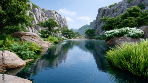 Mountain lake reflecting lush green nature under blue sky