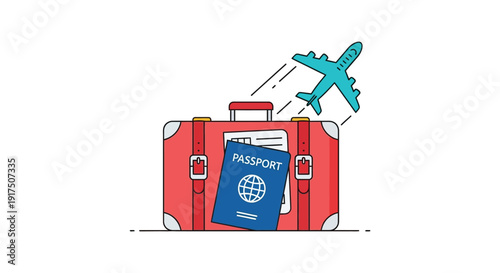 A red suitcase with a passport and airplane above perfect for travel graphics on transparent background silhouette high quality professional detailed