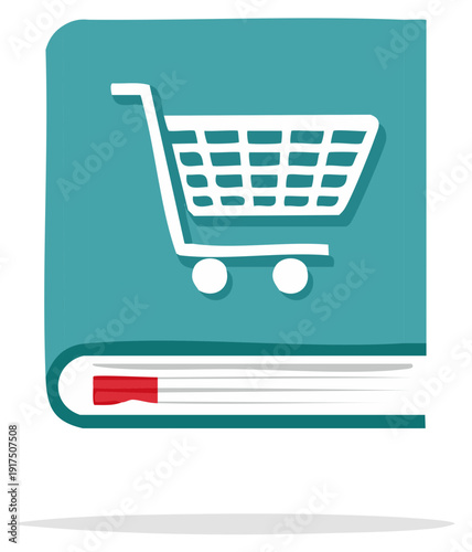 Shopping cart icon illustration on a book cover concept for online purchases and learning