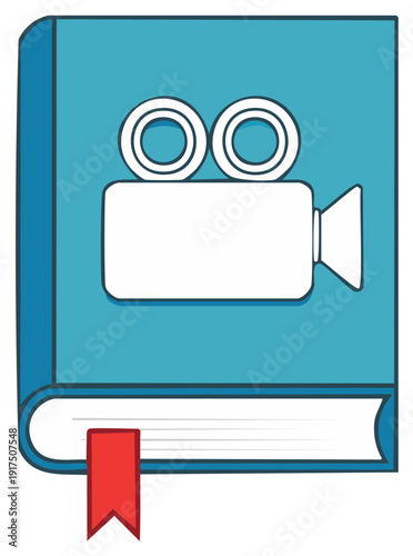 Blue book with a video camera icon representing film adaptation and screenwriting