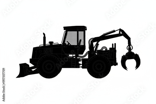 Industrial Timber Harvester Silhouette: A robust timber harvester, rendered in stark silhouette against a neutral backdrop, ready to extract nature's bounty.