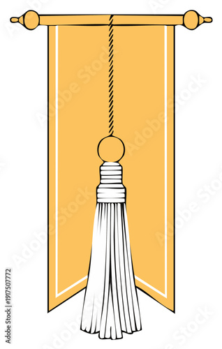 Decorative golden banner with white tassel accent, ornate medieval tapestry for design, royal heraldry illustration