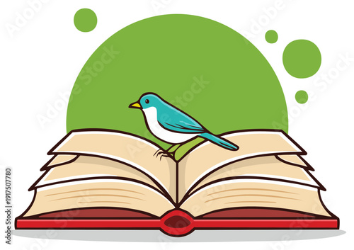 Cute blue bird perched on an open book vector illustration for education and knowledge