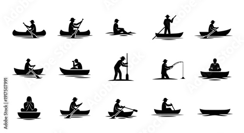 A unique set of twelve black silhouette icons illustrating people traveling by boat on a calm and beautiful river. Each icon presents a different posture and interaction between human and boat
