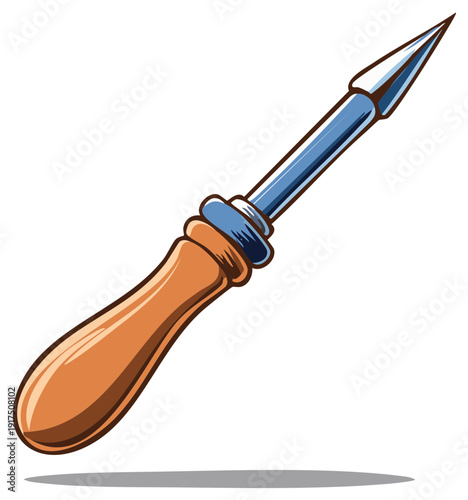 Soldering iron with a wooden handle and sharp metal tip for electronics repair and DIY projects