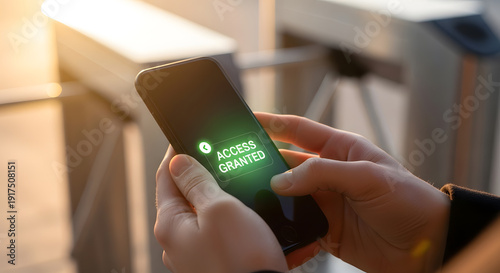 Person using phone to scan access granted at security checkpoint