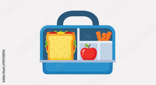 Blue Lunchbox with Sandwich Apple and Fries.