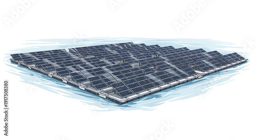 A large array of solar panels floats on the surface of a body of water, generating clean energy.