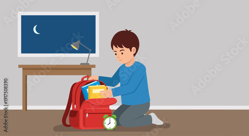 Boy Packing School Bag on Floor.