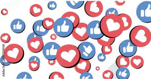 Social media reaction icon set, like love button artwork, engagement vector design, interaction graphic pack, digital symbol collection, colorful sketch